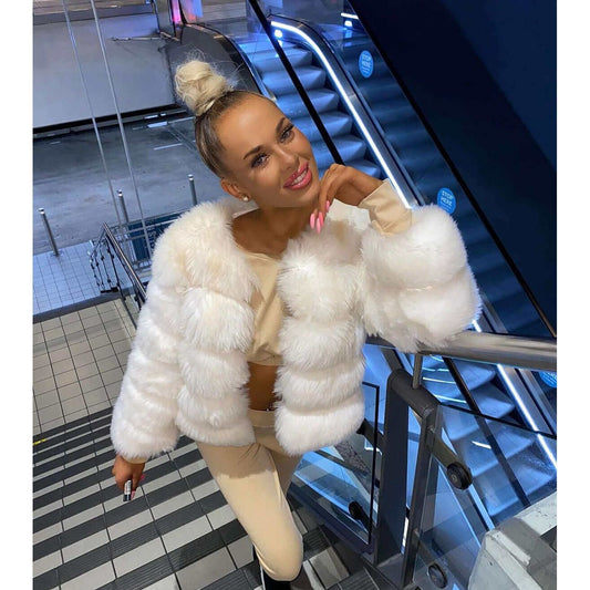 White Cropped Faux Fur Coat