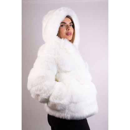 White Mid Hooded Faux Fur Coat