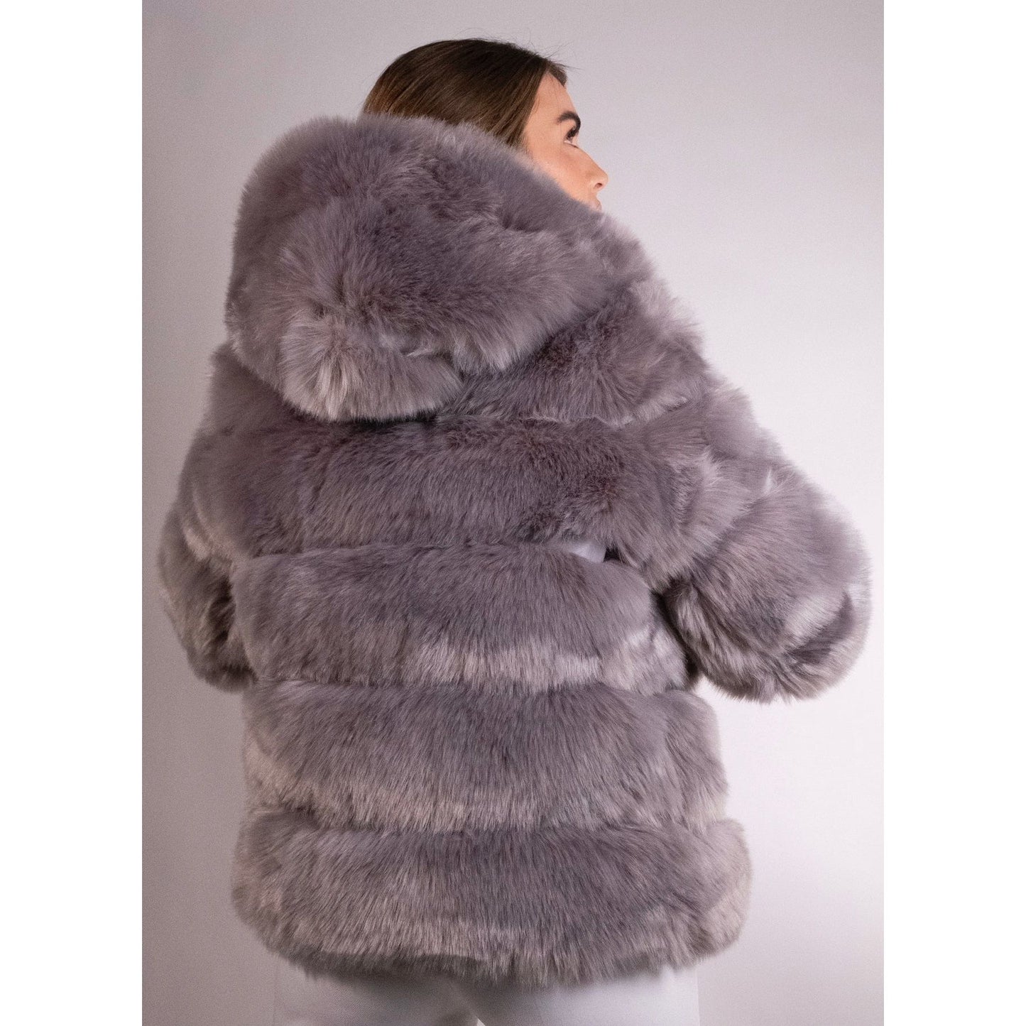 Light Grey Mid Hooded Faux Fur Coat