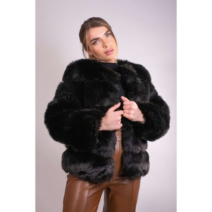 Black Cropped Faux Fur Coat