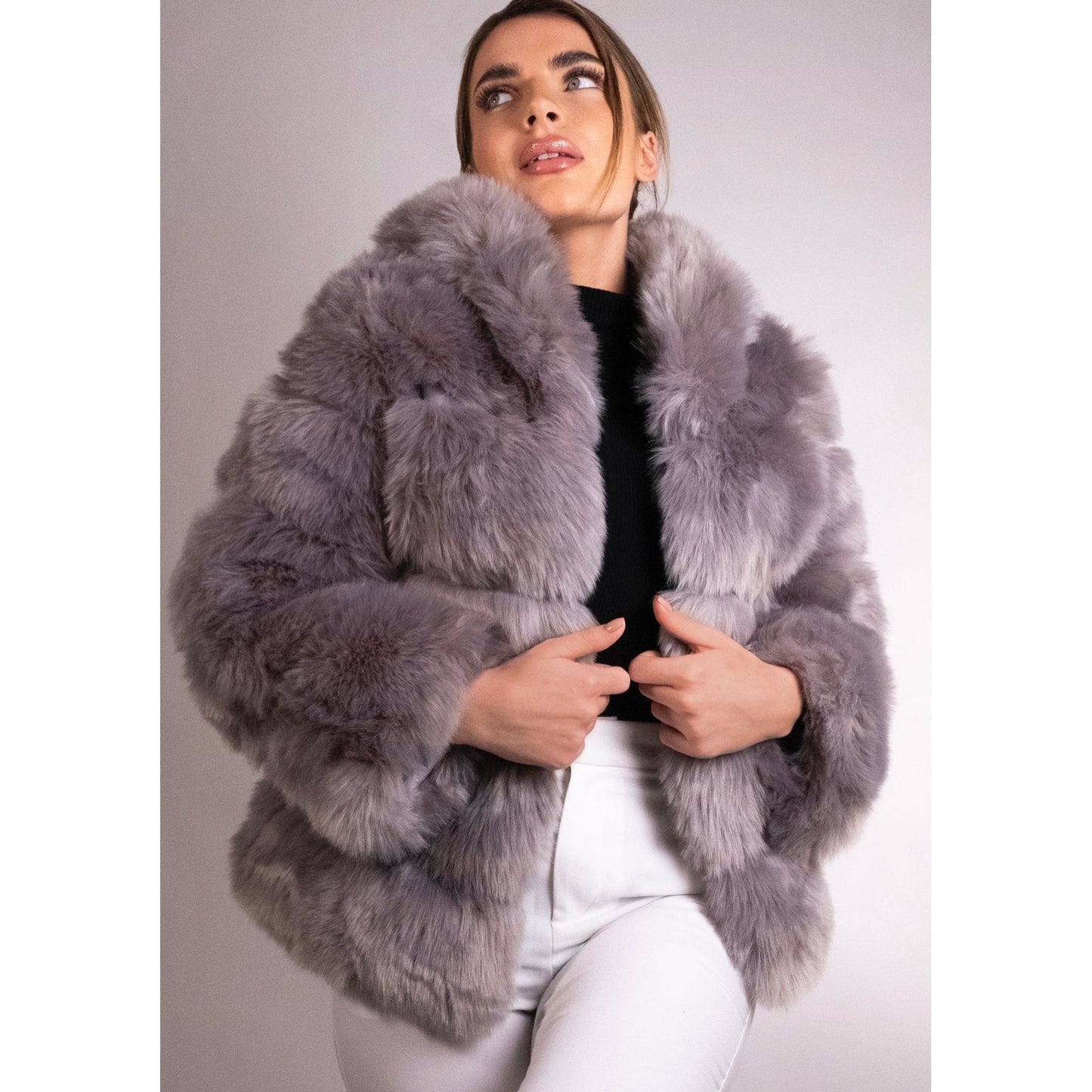 Light Grey Mid Hooded Faux Fur Coat