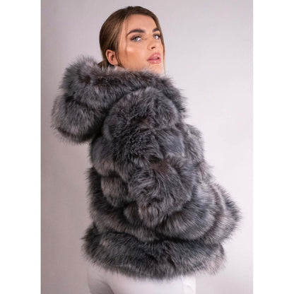 Fox Grey Mid Hooded Faux Fur Coat