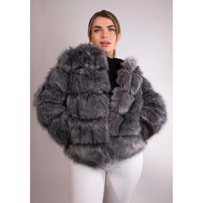 Fox Grey Mid Hooded Faux Fur Coat