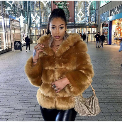 Caramel Mid Hooded Faux Fur Coat